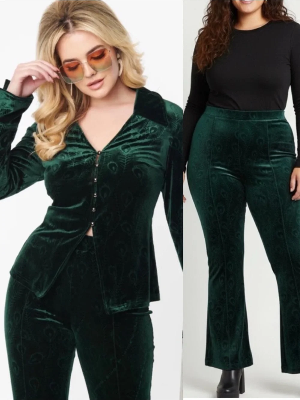 Unique Vintage Green Velvet Two (2) Piece Set Peacock Print Tunic Flare Suit